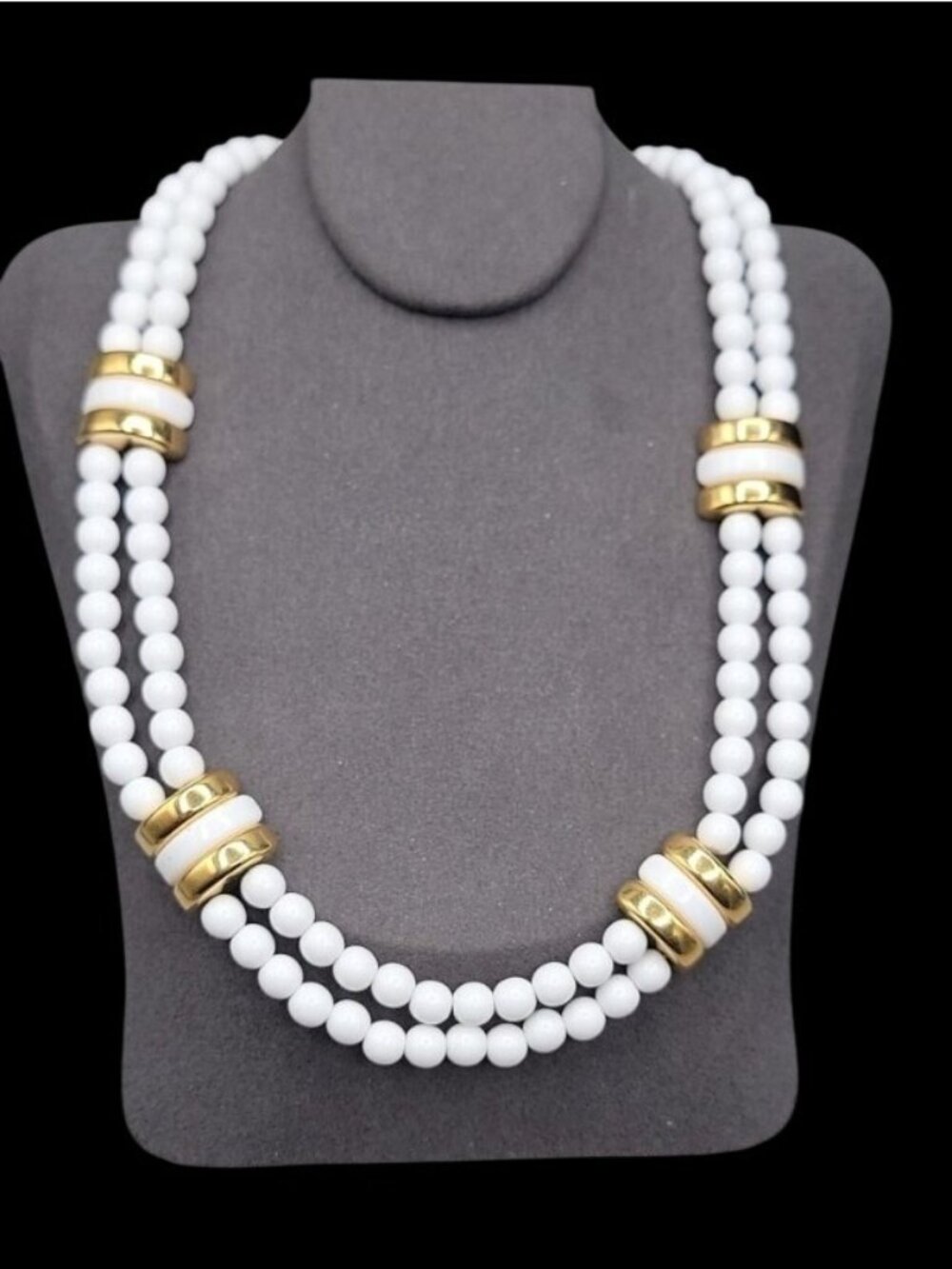 Vintage Monet Double Strand White & Gold Beaded 17" Choker Collar Necklace